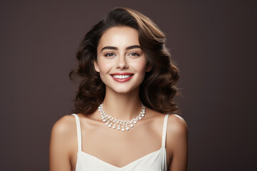 Caucasian smiling beauty wearing several white pearl necklaces