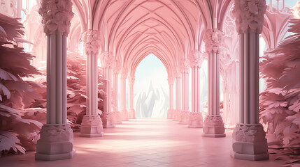 pink open door with palm trees modren minimal architecture design - obrazy, fototapety, plakaty