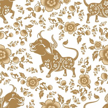 Seamless Pattern With Chinese New Year Zodiac Year Ox Sign With Asian Elements 3
