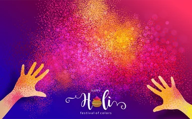Foto op Plexiglas Colorful Gulaal Powder Color Indian Festival Happy Holi Card With Gold Patterned Crystals Paper Colo 4 © Qamar
