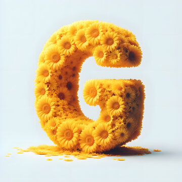 The letter G is made out of real natural Yellow flowers, Isolated on a white background, flower font concept, Creative Alphabet, Letters