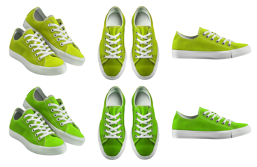 2 Set of plain dark light green lime sneaker lace up sport-shoe sports shoe front top side view transparent background cutout, PNG file. Different angle Mockup template for artwork graphic design