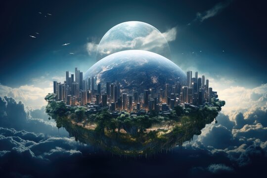 Small planet with city on top of it in the middle of the sky