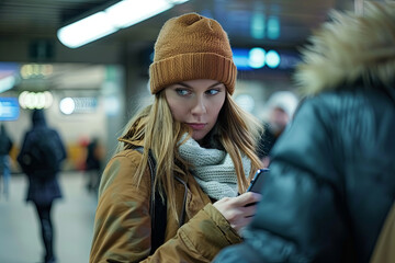 A young woman being pickpocketed while using her mobile phone at a subway station