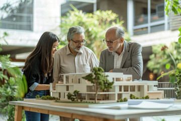 Fototapeta na wymiar Group of an architect gather around and discussing about an architecture model together