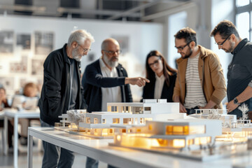 Group of an architect gather around and discussing about an architecture model together