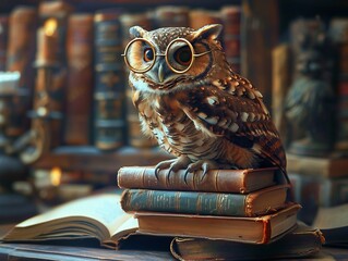 A cute owl wearing round glasses perched on a stack of books symbolizing the pursuit of knowledge in a charming scene