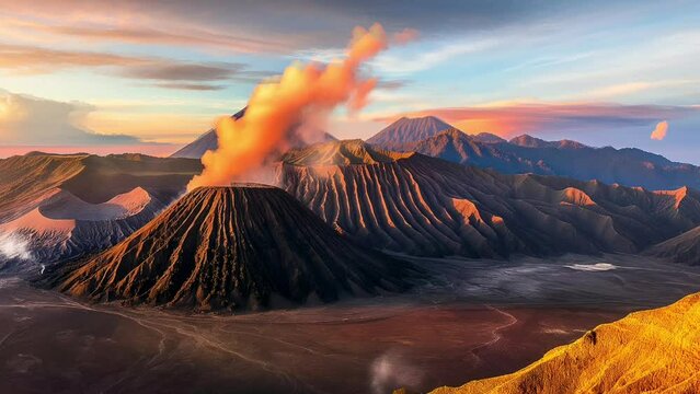 Erupting volcano releasing hot molten lava, time-lapse virtual video animation background