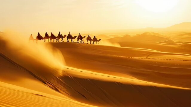 A camel caravan in the desert