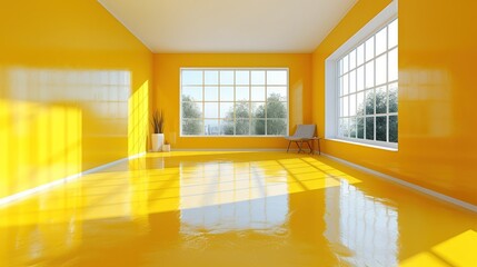  a room with a bright yellow wall and a chair in the middle of the room and a large window on the far side of the room and a bright yellow floor.