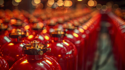 Red fire extinguishers in a row with bokeh background