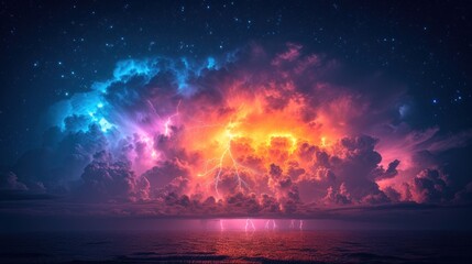  a colorful cloud filled with lightning and stars above a body of water under a night sky filled with stars and a bright orange and blue cloud filled with white lightning.