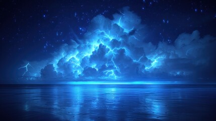  a blue sky filled with lots of clouds next to a large body of water with a bright star filled sky in the middle of the middle of the middle of the night.