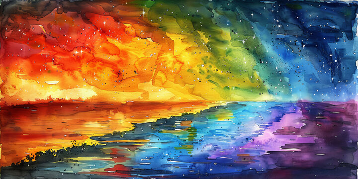 Watercolour Rainbow Horizon.
A sweeping watercolour landscape showcasing a vibrant rainbow spectrum.