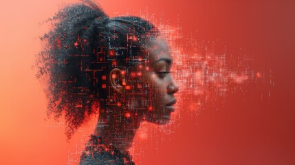  a digital image of a woman's face with a lot of lines and dots coming out of the side of her head and the image of the woman's head.