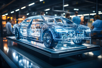 Holographic of digital model car in factory. Automobile Design Engineers working in virtual reality prototype of electric car chassis. Automotive innovation facility: Vehicle generated with software.