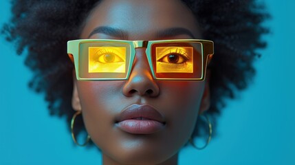  a close up of a person wearing glasses with a bright yellow light in the reflection of the eyes of the woman's head and the woman's upper half of her face.