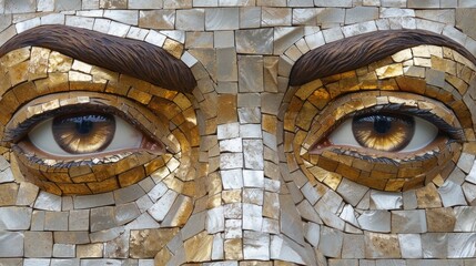  a close up of a person's eye with gold and white mosaic tiles on it's face and the eye of a person's face with brown hair. - obrazy, fototapety, plakaty