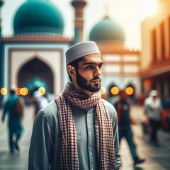 Handsome bearded arabic man walking in the muslim city. ramadan kareem, eid fitr, and religion concept.