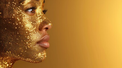  a close up of a woman's face with gold sequins on her face and in the background there is a gold background with a woman's face.