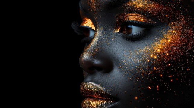  a close up of a woman's face with gold and black paint on her face and gold glitters all over her face, and on a black background.