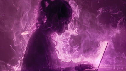 Ombre brumeuse d'une jeune femme travaillant sur son ordinateur portable et absorbée par l'écran, couleur violette, déconnexion du numérique, addiction aux écrans