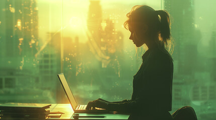 Jeune femme travaillant sur son ordinateur portable, silhouette d'une femme dans un travail de bureau : secrétaire, cheffe de projet, entrepreneure, marketing digital, communication web, audit, etc. - obrazy, fototapety, plakaty