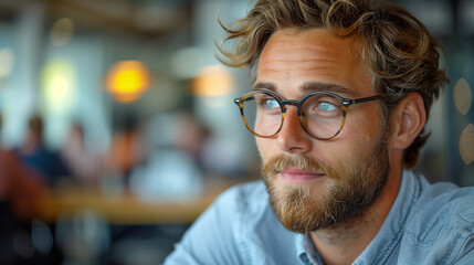 Jeune homme avec un bouc et des lunettes au travail, il porte une chemise bleue au bureau