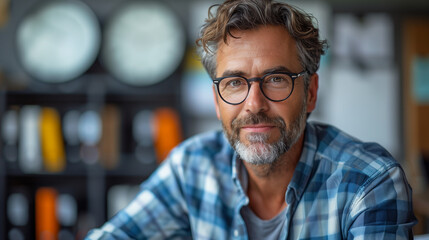 Portrait d'un homme mûr, 50 ans, avec des lunettes et une chemise à carreaux posant au bureau - obrazy, fototapety, plakaty