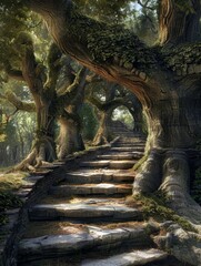 A forest with a stone staircase leading up to a tree