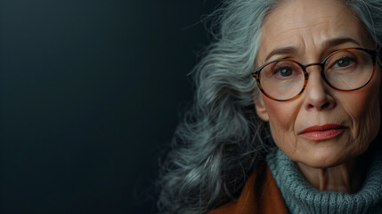 Portrait d'une femme âgée aux cheveux gris longs, 70 ans sur fond noir - obrazy, fototapety, plakaty