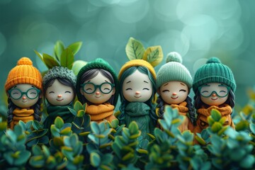 Obraz premium A group of dolls are sitting in a field of green grass