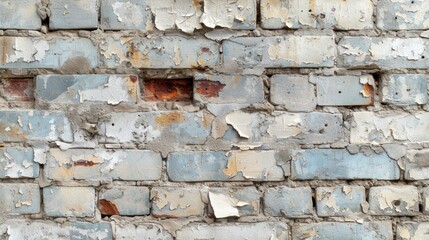  a close up of a brick wall with paint chipping off of the top and bottom of the bricks and the bottom of the wall is peeling paint chipped off.