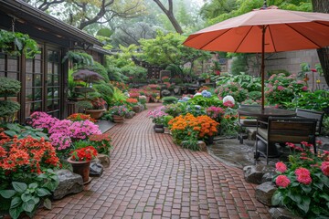 Fototapeta na wymiar A brick walkway with a red umbrella and a table with a chair