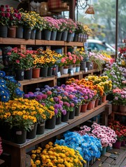 A colorful display of flowers in a shop