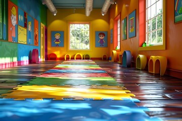 A brightly colored room with a lot of toys and a lot of children