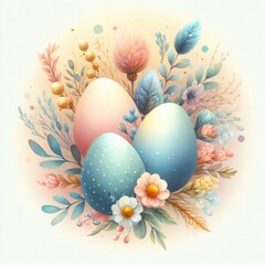 Happy Easter for greeting card with eggs, flowers and leaves. Watercolor illustration. Background Element, religion and christian concept.