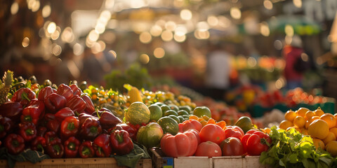A crowded marketplace with vendors selling fresh produce, their stalls blending into a dreamy bokeh backdrop.