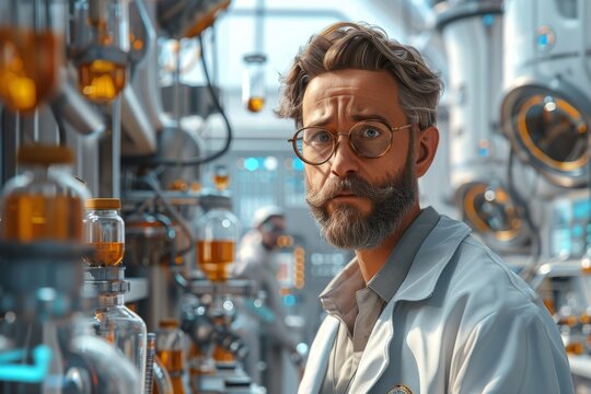 A man in a lab coat with glasses and a beard is looking at the camera