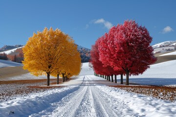 A road with two rows of trees, one row of yellow trees and one row of red trees