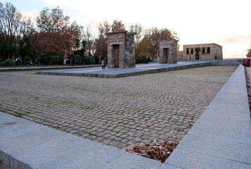 View of the Temple of Debod, an ancient Nubian temple that was dismantled and rebuilt in the center...