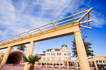 Napier, New Zealand, known as the art deco capital of the world. Some of the buildings and decorative archways on the promenade. - obrazy, fototapety, plakaty