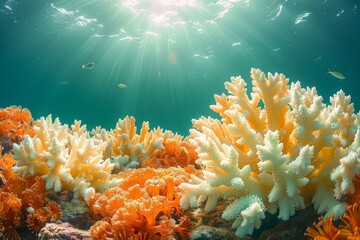 A colorful coral reef with a red coral in the middle