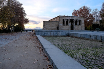 View of the Temple of Debod, an ancient Nubian temple that was dismantled and rebuilt in the center...