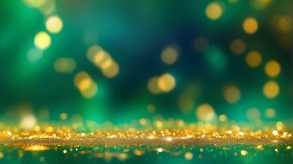 "Get lost in the depths of an abstract blur bokeh banner background, where the fusion of gold bokeh and defocused emerald green creates a visually descriptive and detailed masterpiece. Let your mind w