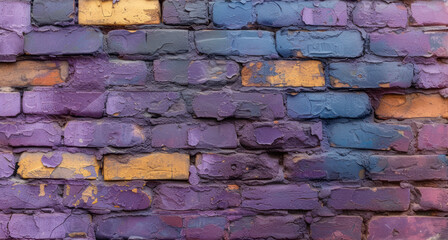  a close up of a brick wall that has been painted purple, yellow, and blue with paint chipping off of the top and bottom part of the brick.
