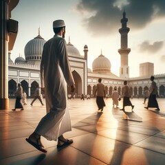 Rear view of Muslim man walking in front of mosque at sunset. Religion, travel, muslim and ramadan mubarak concept.