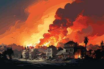 Burning city ruins in fire, destroyed town houses, war or natural disaster background.