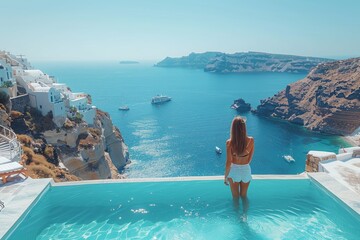 A woman stands in a pool overlooking the ocean
