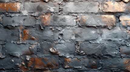  a close up of a brick wall that has been painted gray and has rusted paint on the top of the bricks and the bottom part of the wall has been chipped off.